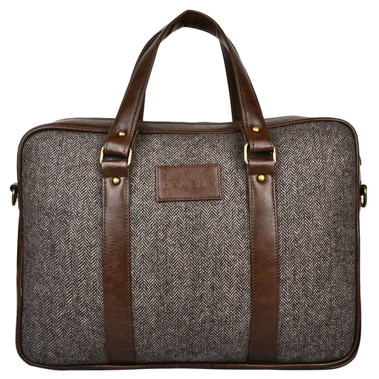 Brown Herringbone Tweed and Vegan Leather Laptop Bag