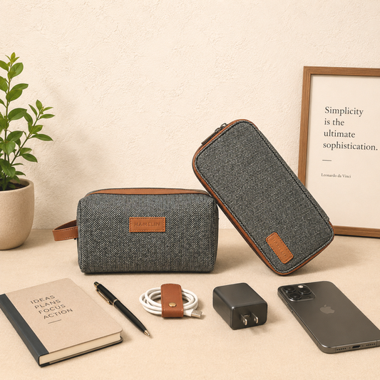 The Weekender Tweed Gift Set  - (Dopp Kit & Tech Organiser - Grey herringbone)