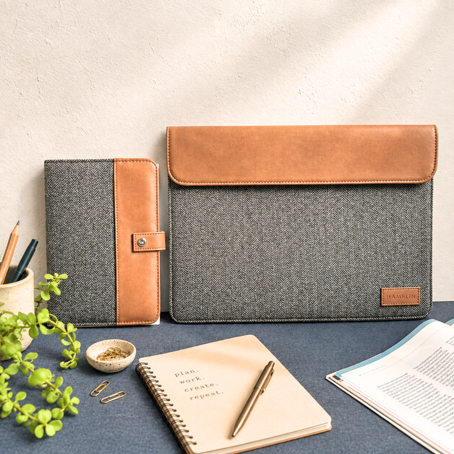Zeus Flap & Avante Journal Grey Herringbone Gift Combo Set