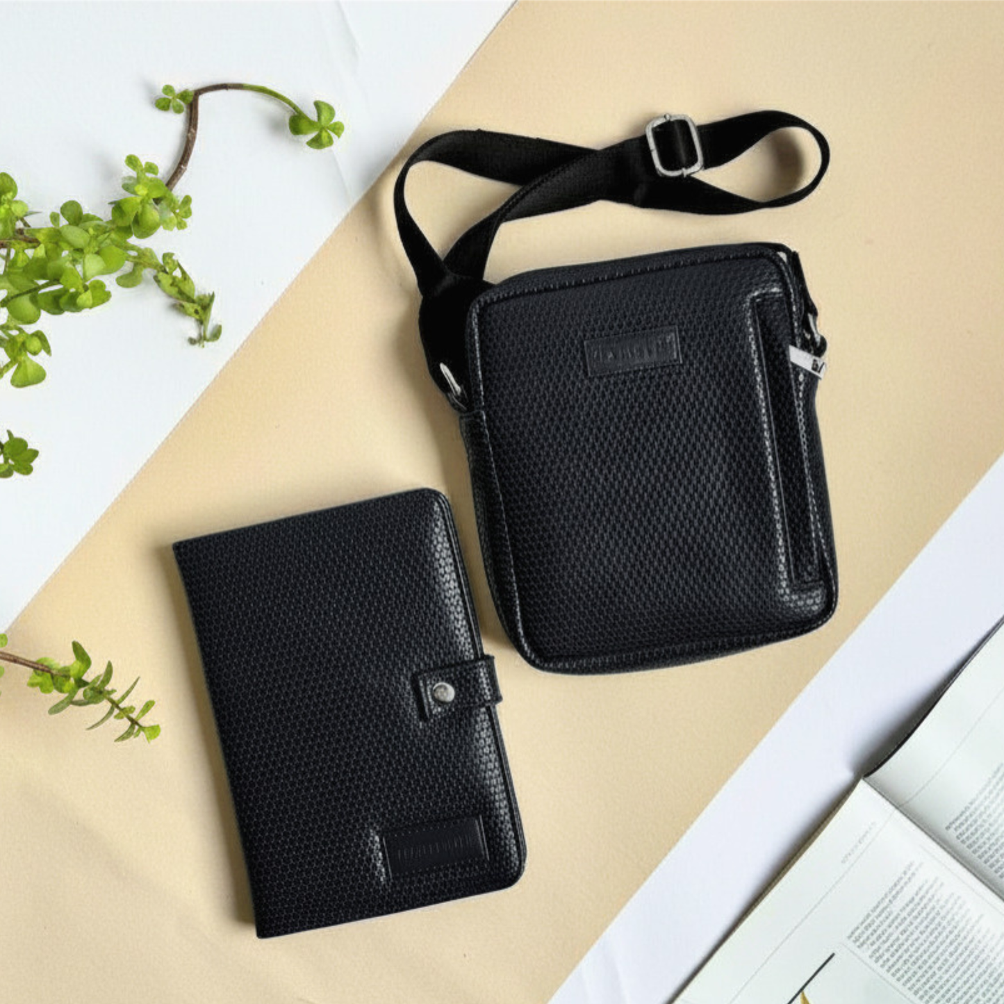 The Commute Gift Set (Travel Sling Bag + Journal - Black Grid)