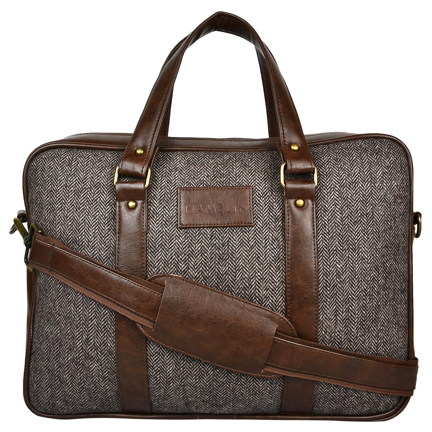 Brown Herringbone Tweed and Vegan Leather Laptop Bag