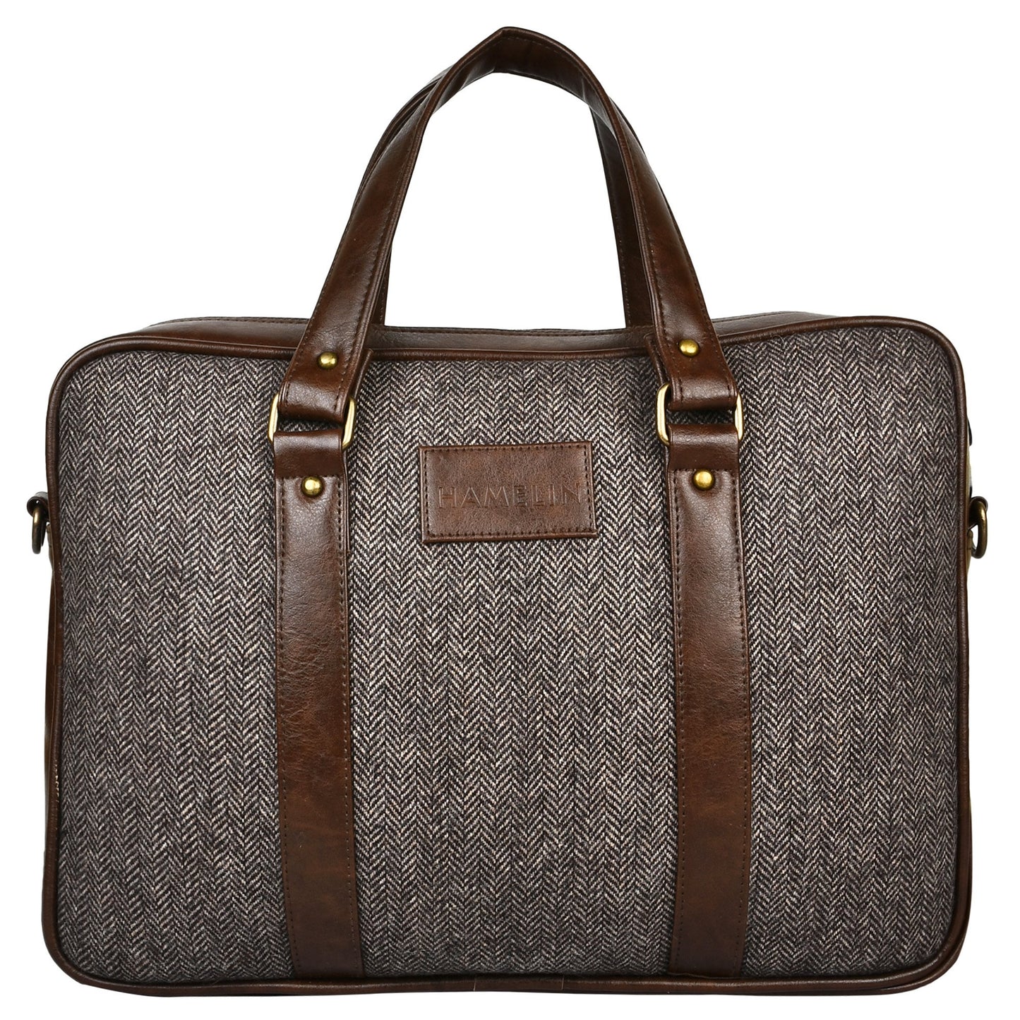 Brown Herringbone Tweed and Vegan Leather Laptop Bag