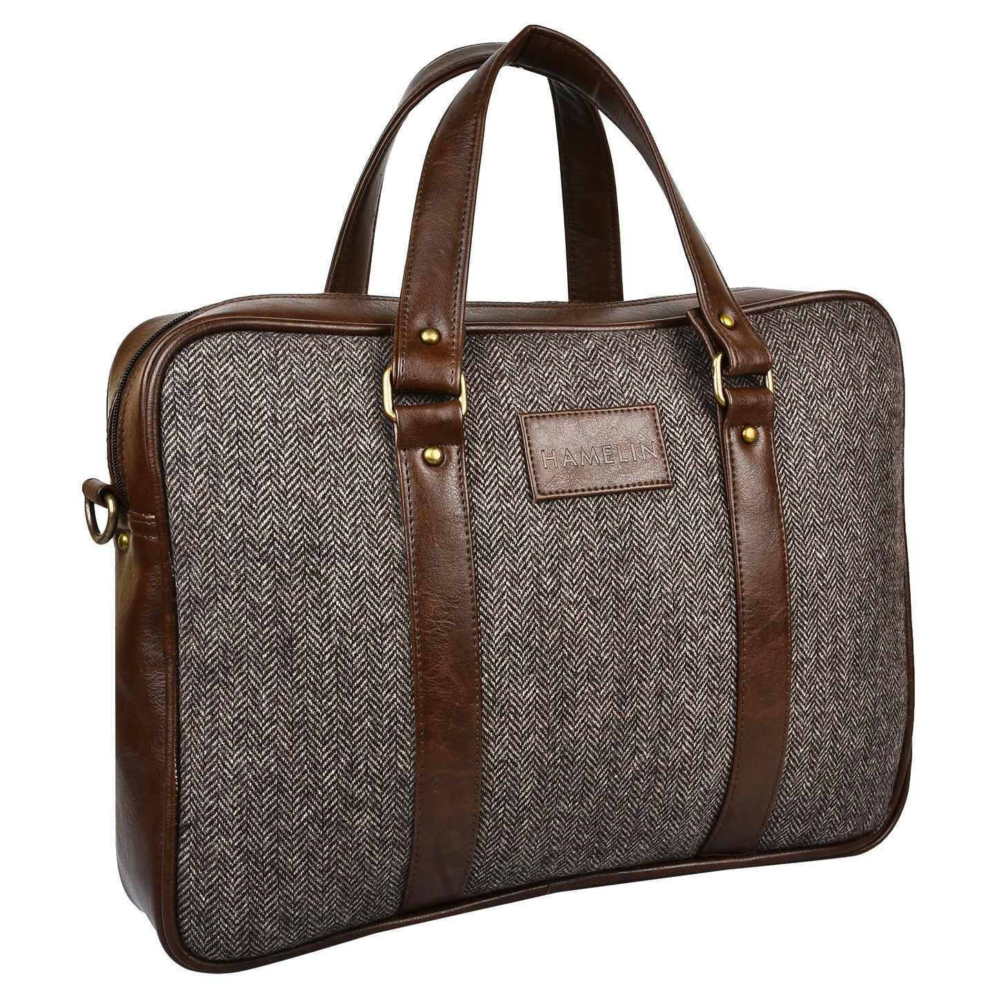 Brown Herringbone Tweed and Vegan Leather Laptop Bag