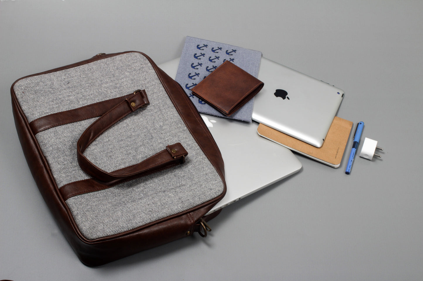 Flint Herringbone - Tweed and Vegan Leather Laptop Bag