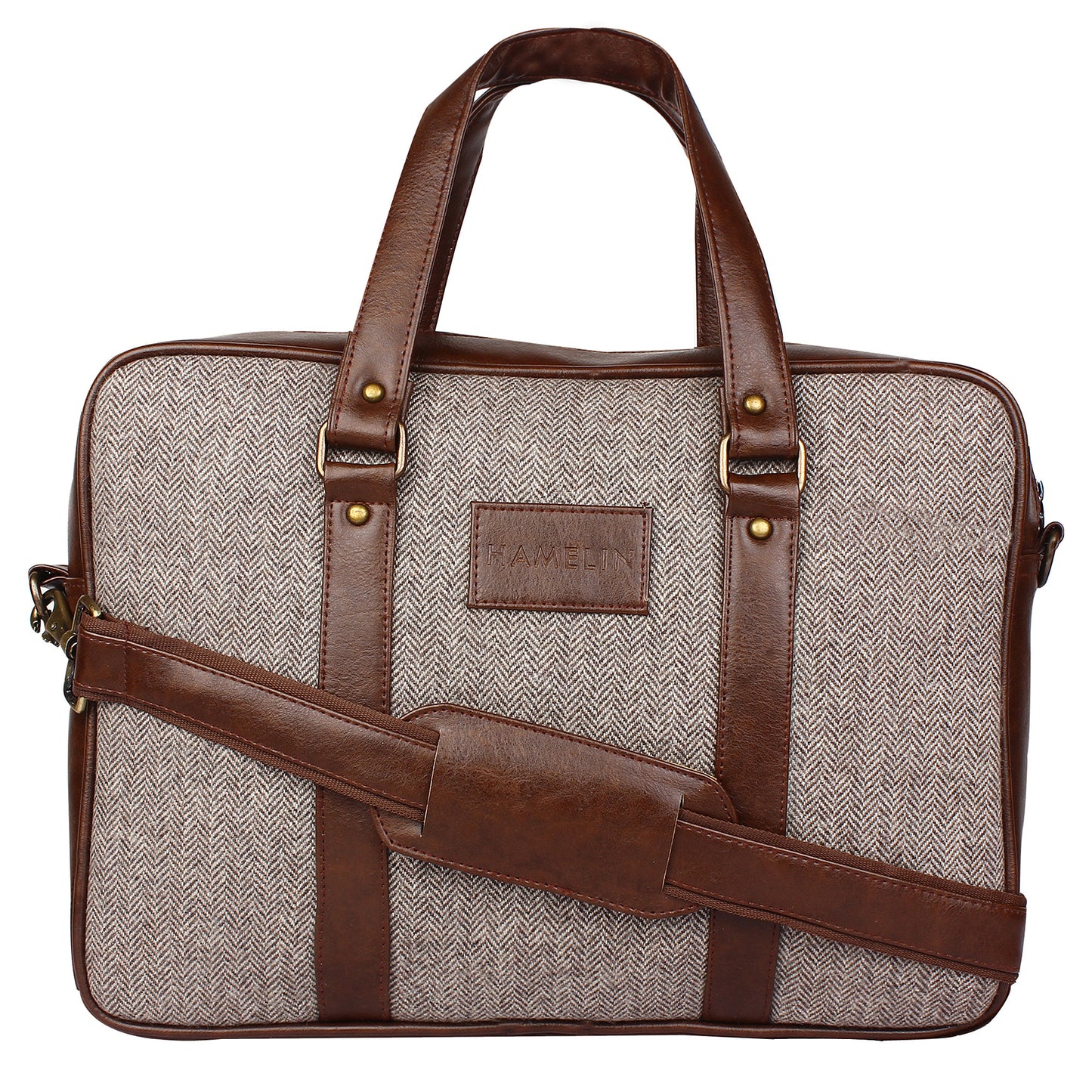 Tawny Herringbone - Tweed and Vegan Leather Laptop Bag