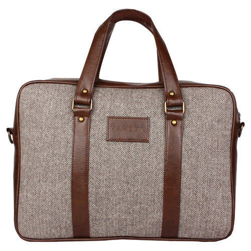 Tawny Herringbone - Tweed and Vegan Leather Laptop Bag