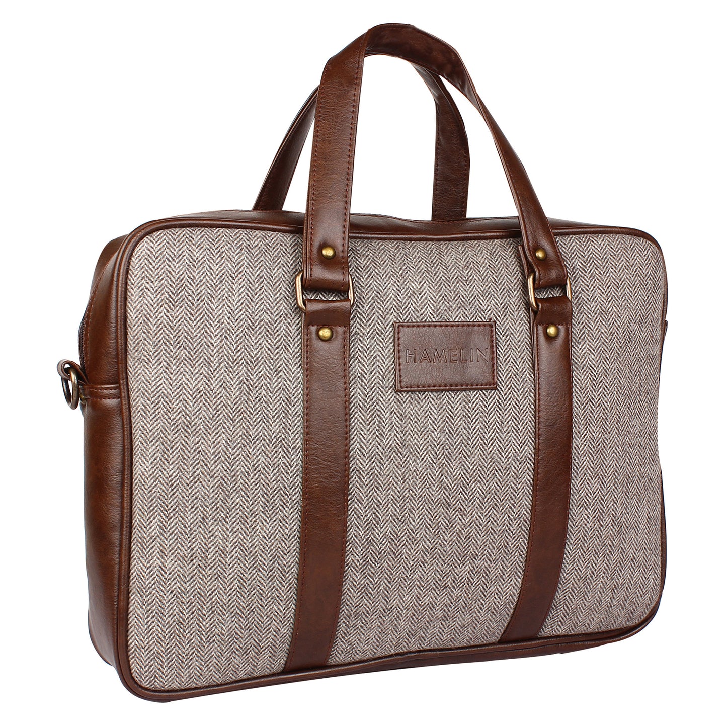 Tawny Herringbone - Tweed and Vegan Leather Laptop Bag