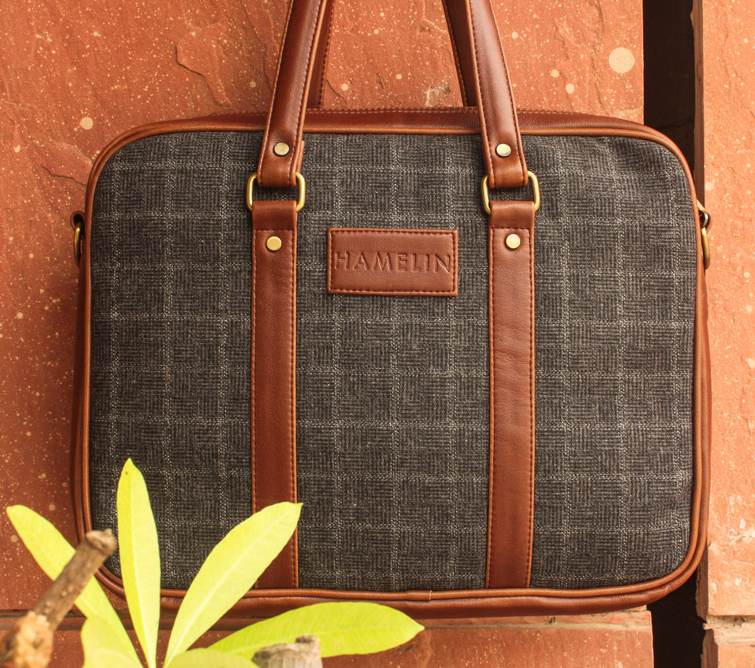 Charcoal Twill - Tweed and Vegan Leather Laptop Bag - SAMPLE SALE