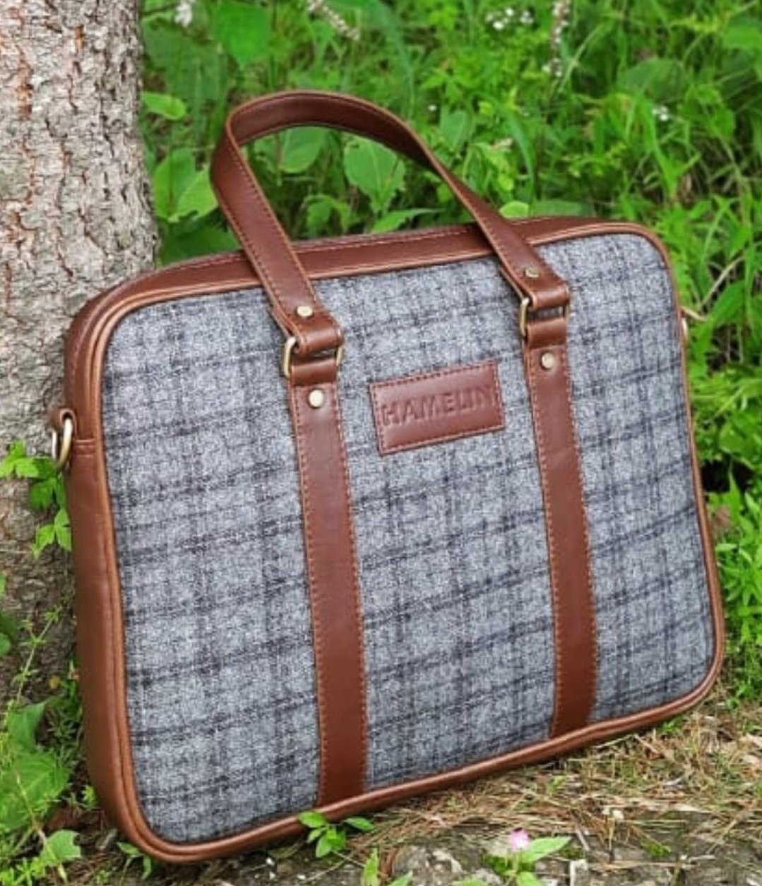 Grey Overcheck Twill - Tweed and Vegan Leather Laptop Bag