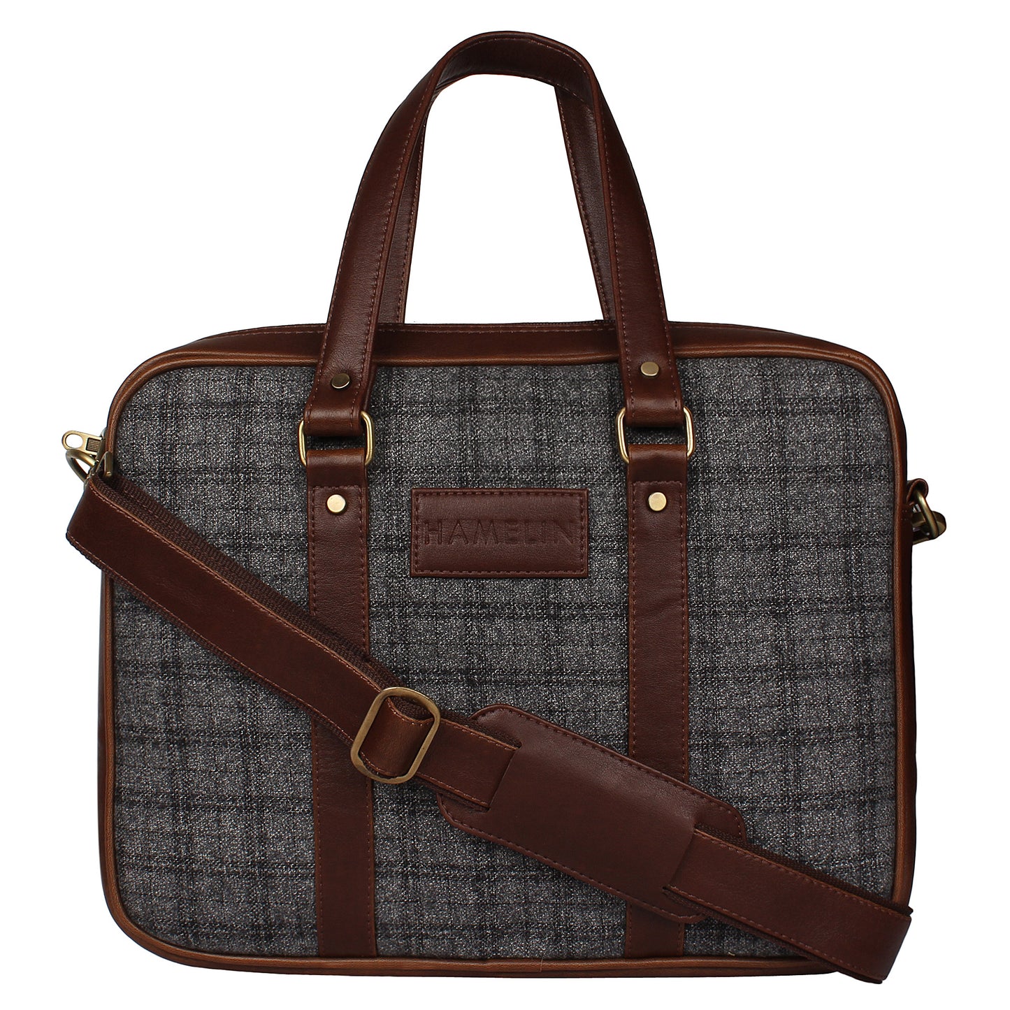 Grey Overcheck Twill - Tweed and Vegan Leather Laptop Bag