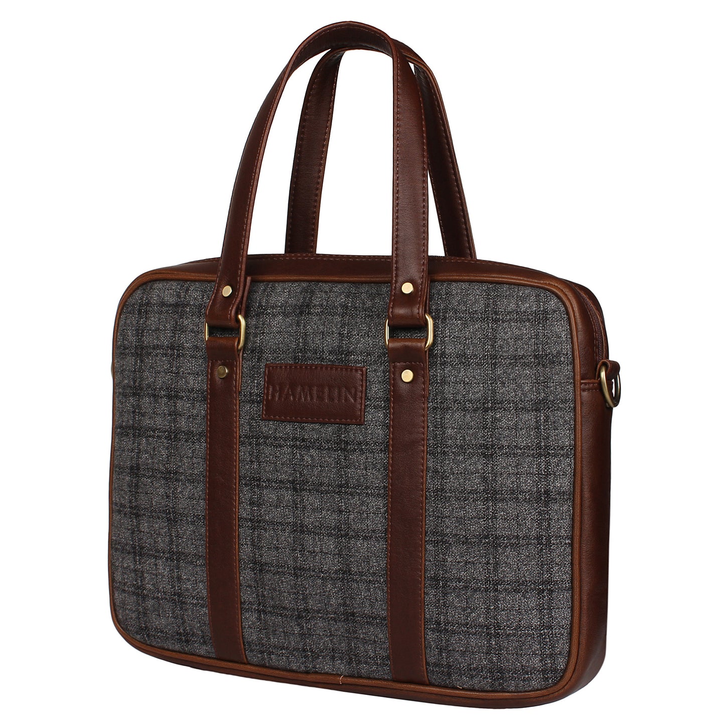 Grey Overcheck Twill - Tweed and Vegan Leather Laptop Bag