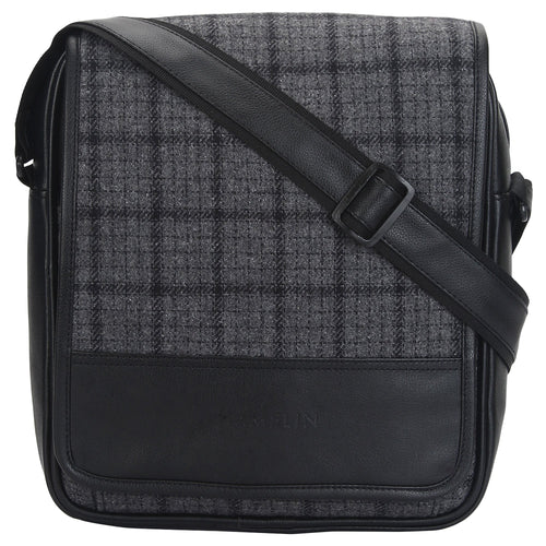 Grey Overcheck Twill - Tweed and Vegan Leather Messenger Bag