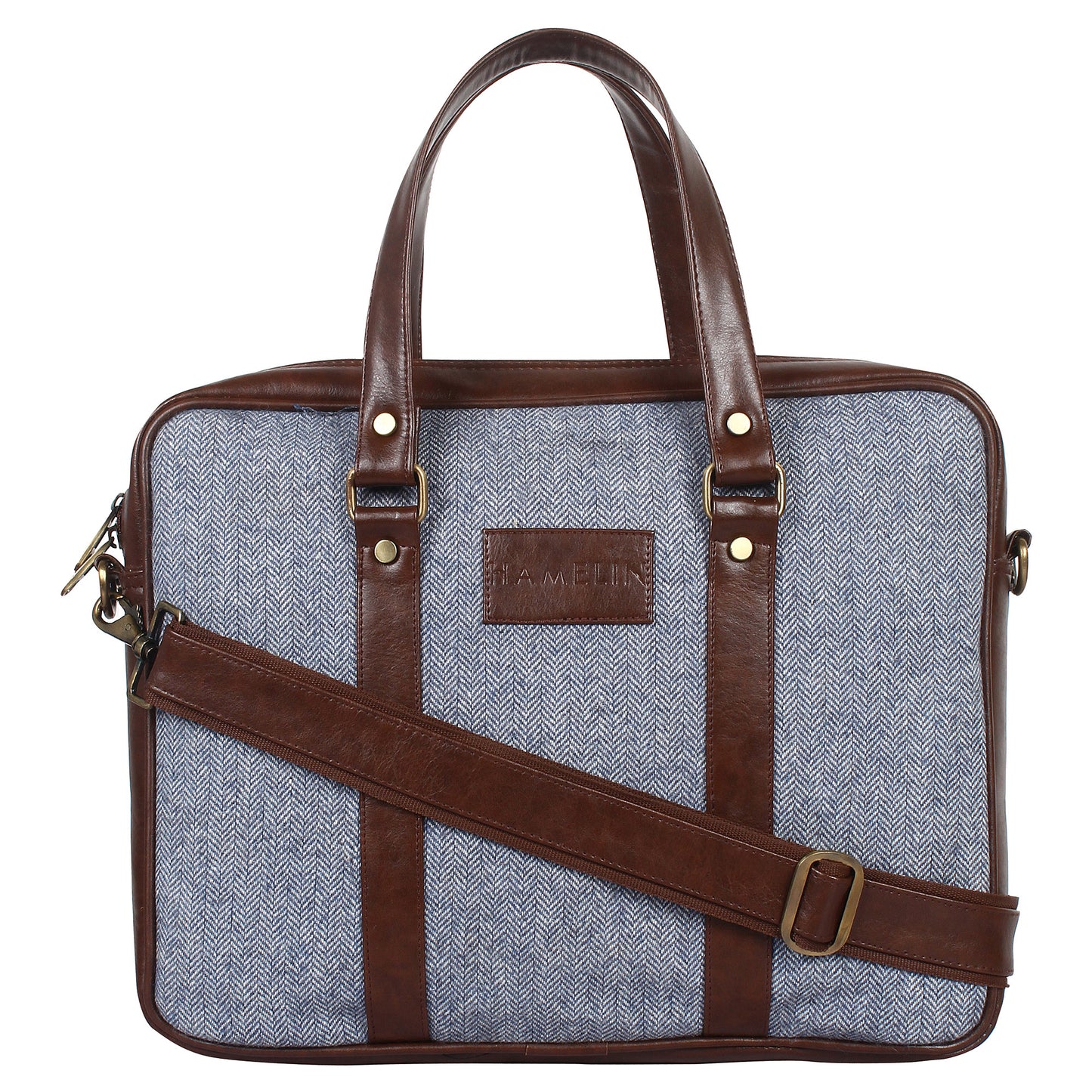Steel Blue Herringbone - Tweed and Vegan Leather Laptop Bag