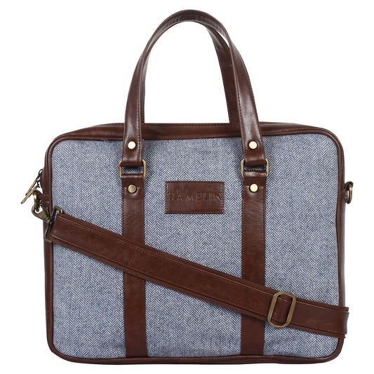 Steel Blue Herringbone - Tweed and Vegan Leather Laptop Bag