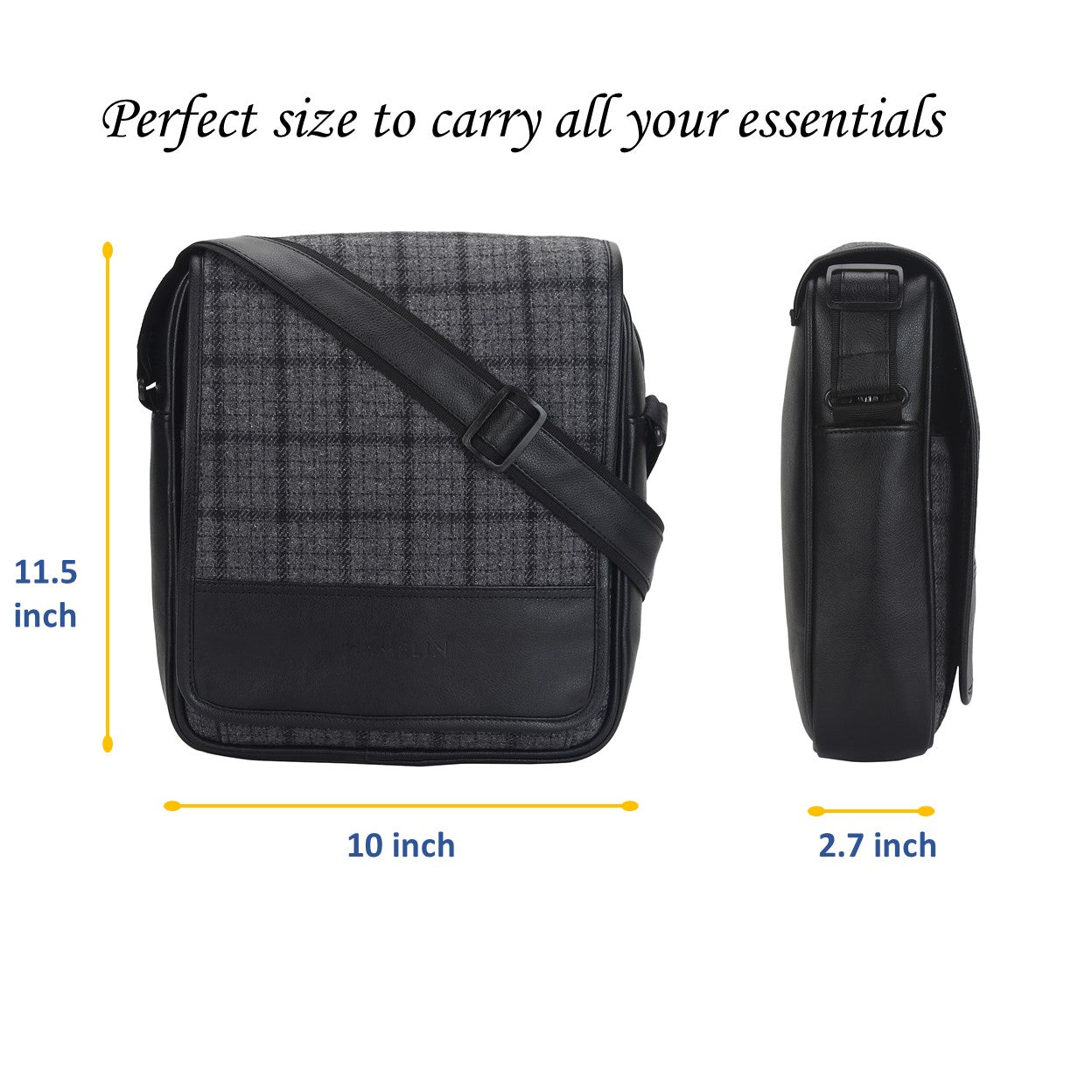 Grey Overcheck Twill - Tweed and Vegan Leather Messenger Bag