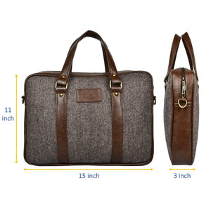Brown Herringbone Tweed and Vegan Leather Laptop Bag