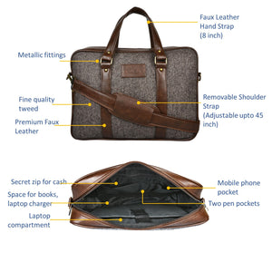 Brown Herringbone Tweed and Vegan Leather Laptop Bag