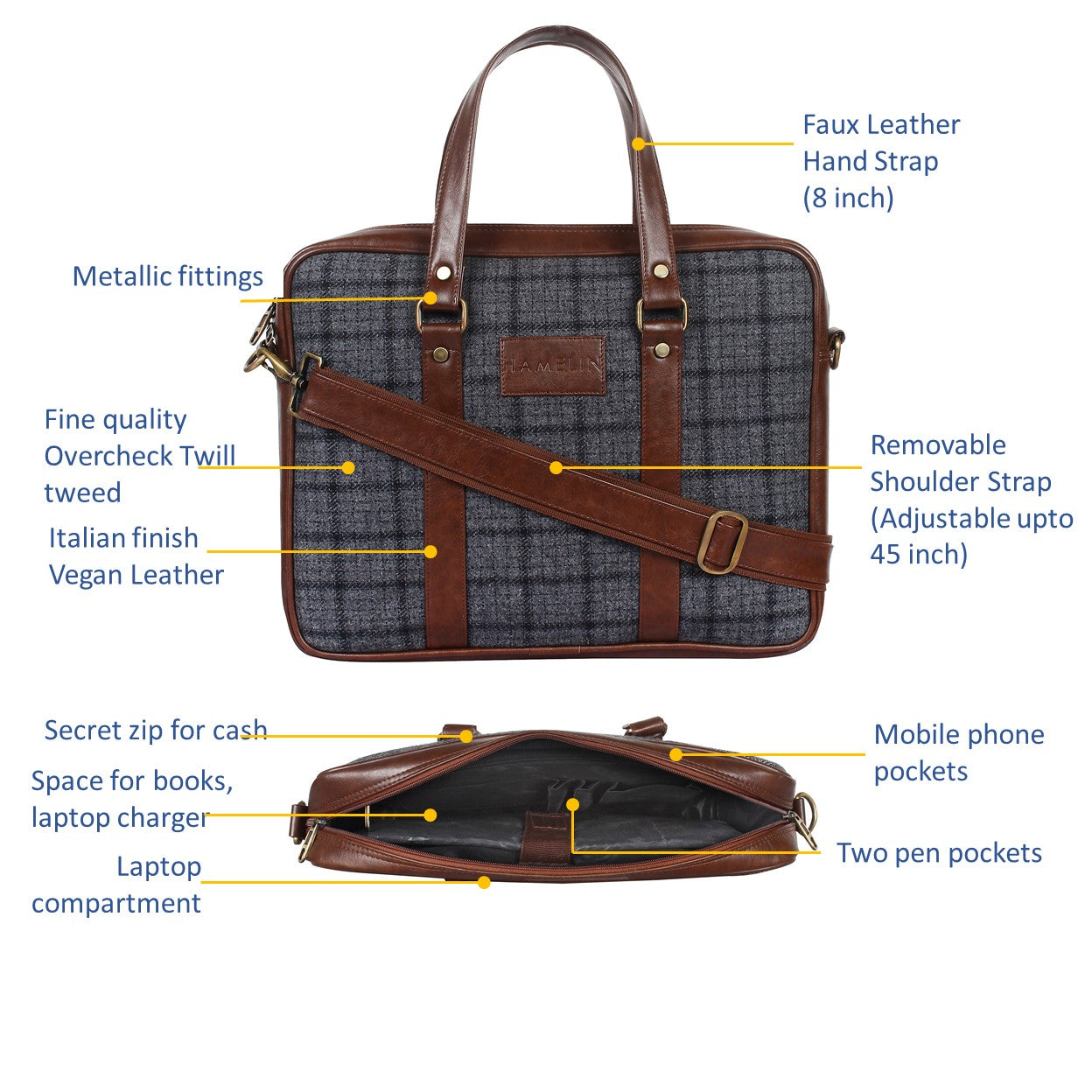 Grey Overcheck Twill - Tweed and Vegan Leather Laptop Bag